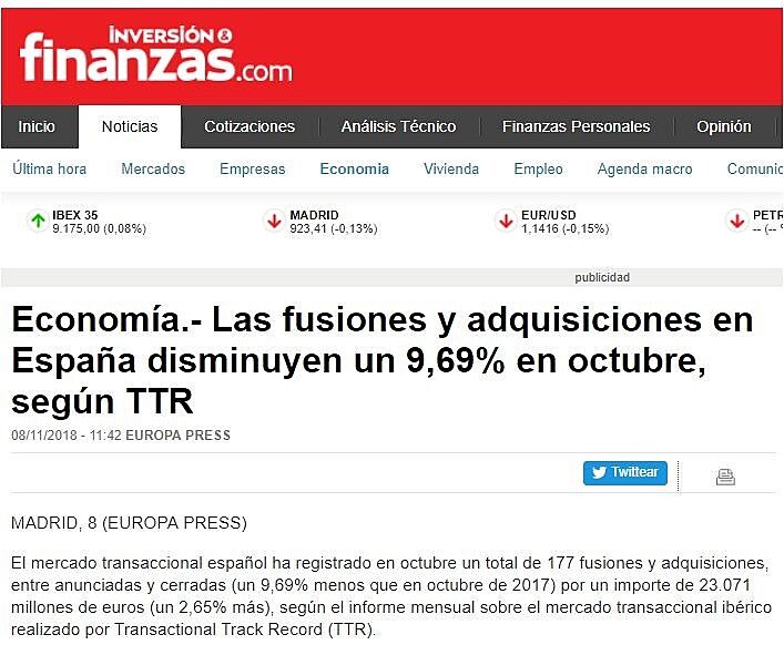 Las fusiones y adquisiciones en Espaa disminuyen un 9,69% en octubre, segn TTR